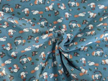 Baumwolljersey Sweet Hase mit Igel auf Dusty Blue